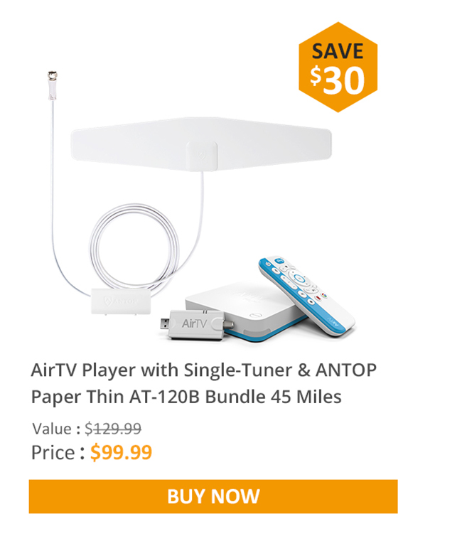 AirTV Player with Single-Tuner & ANTOP Paper Thin AT-120B Bundle 35 Miles